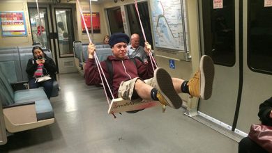 Artist builds a working swing on a BART Train