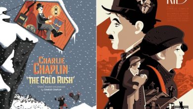 Graphic illustrated posters of famous Charlie Chaplin’s movies