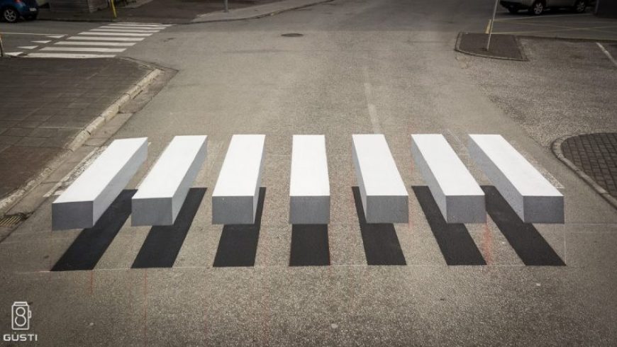 A 3D zebra stripe crosswalk appears in Iceland