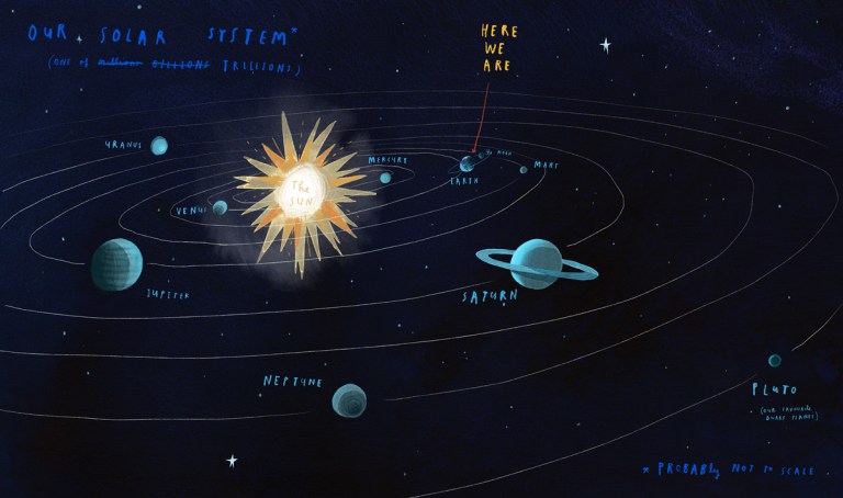 Here We Are: Oliver Jeffers’s warm illustrated field guide to living together on our Pale Blue Dot