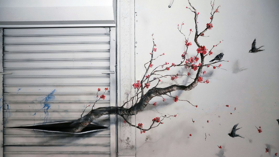 Trees Grow from Bricks and a Storefront on the Streets of New York by Pejac